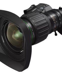 A professional-grade zoom lens with a large lens hood and control controls mounted on a Canon 4K camera body designed for high-resolution videography.