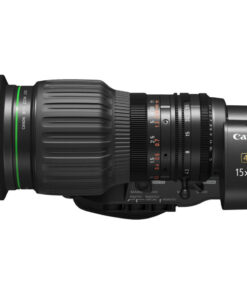 The image shows a Canon CJ15EX4.3B-IASE-S zoom lens, with a focus on its detailed markings, mounted on a camera body designed for 4K video recording.