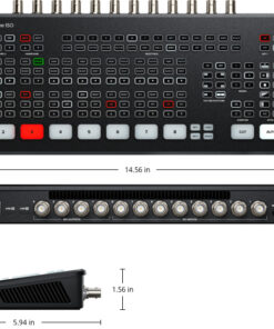 The image displays a Blackmagic Design ATEM SDI Extreme ISO switcher with a detailed front panel of buttons and indicators, showing side and top views along with measurements.