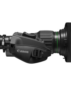 A professional Canon zoom lens with a large diameter, attached to a camera grip, featuring green markings and a protective hood, designed for high-quality video or photography use.
