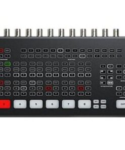 A compact black video switcher with multiple input and control buttons, labeled "ATEM SDI Extreme ISO" and "Blackmagic" on the top right corner, featuring various colored buttons and a row of BNC connectors on the top edge.